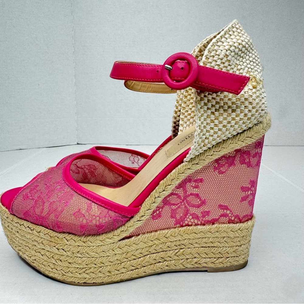 VALENTINO Pink Lace Espadrille Wedges Size 37 - Picture 7 of 7